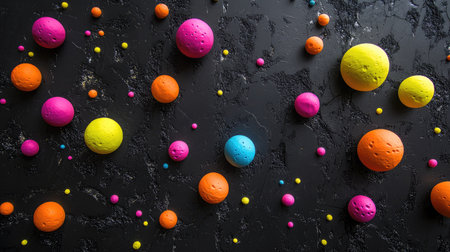 Foam balls in bright neon colors on a textured black surface, creating bold visual contrastの素材