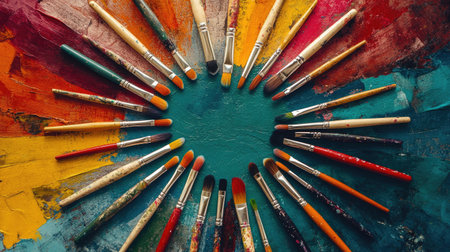 Flat lay of artistic paint brushes arranged in a circle on a vibrant, multicolored painted surfaceの素材