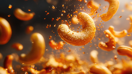 High-detail image of golden cashew nuts with toasted edges and salt grains in sharp focusの素材