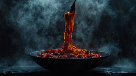 Fork twirling spaghetti with rich red sauce, suspended above a black bowl on a moody backdropの素材