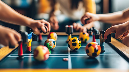 Kids' hands gripping handles of a small toy table football set during a fun indoor gameの素材