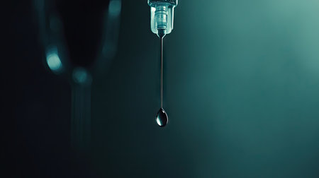 Macro shot of a syringe needle tip with a droplet suspended, scientific and clinical moodの素材