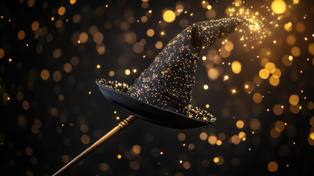 Isolated magician's hat and wand with sparkling golden bokeh on a black backgroundの素材