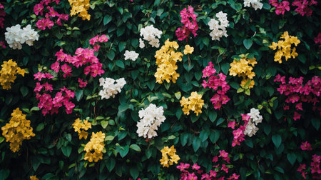 Lush green wall filled with vibrant pink, yellow, and white flowers in full bloom, captured in soft daylightの素材