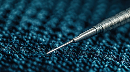 Macro shot of a silver needle threaded with thread in shades of blue, placed on textured fabricの素材