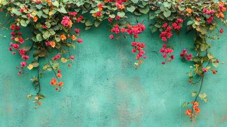 Artistic shot of a flower-covered green wall, blending natural textures with colorful accentsの素材
