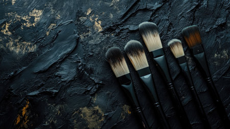 A set of clean paint brushes on a black textured background, dramatic lighting for a professional art vibeの素材