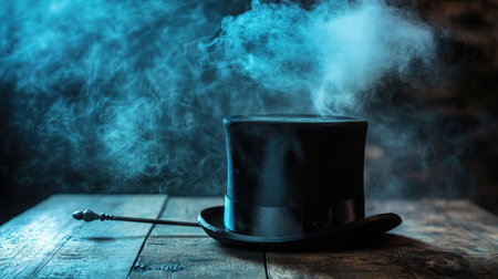 Black top hat and magic wand placed on an old wooden table with mysterious smoke risingの素材