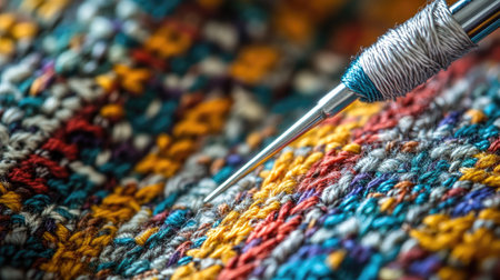 A silver needle piercing through colorful sewing thread on a textured fabric, showcasing craft detailsの素材