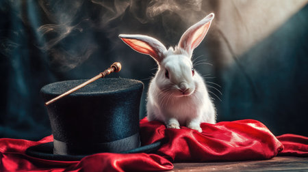 A white rabbit peeking from a magician's top hat beside a wand and silk clothの素材
