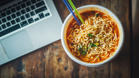 Overhead shot of an open foam noodle cup filled with savory broth and curly noodles, colorful plastic fork resting across the rim on a wooden desk beside a laptop - quick lunch setupの素材