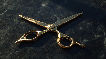 Metallic hairdressing scissors casting dramatic shadows on a dark matte surfaceの素材