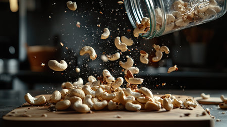 Cashew nuts being poured from a jar onto a wooden board, capturing motion and textureの素材