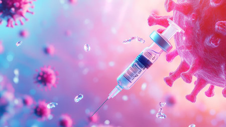 Bright medical background featuring a sterile syringe needle and COVID- vaccine vialの素材