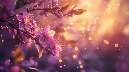 Bokeh-filled spring scene with pink flowers from a purple leaf plum glowing in golden lightの素材
