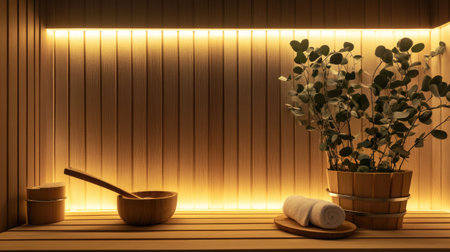 Bucket of water, ladle, and eucalyptus branches in a luxury sauna room with ambient lightingの素材