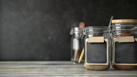 Empty glass food jars with chalkboard labels and marker pen next to them, ready to be customized for kitchen useの素材