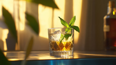 A single cocktail glass with mint garnish placed perfectly in focus on a backlit bar counterの素材
