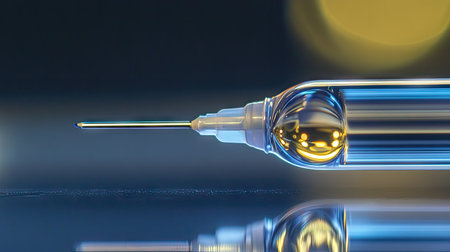 Close-up of a droplet forming at the tip of a syringe needle, highlighting medical precisionの素材