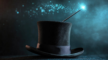 Black top hat tilted with a magic wand balanced on its brim against a studio backdropの素材