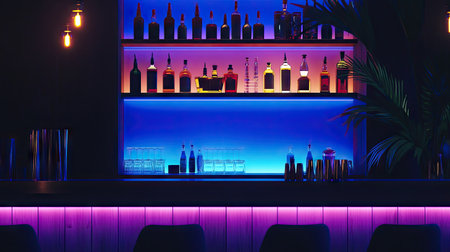 Clean and quiet moment inside a designer cocktail bar, moody lighting and an array of spirits on displayの素材