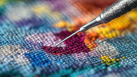 A silver needle piercing through colorful sewing thread on a textured fabric, showcasing craft detailsの素材