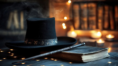 Black hat and wand on a table with a vintage spell book and candlelight ambianceの素材