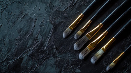 A set of clean paint brushes on a black textured background, dramatic lighting for a professional art vibeの素材