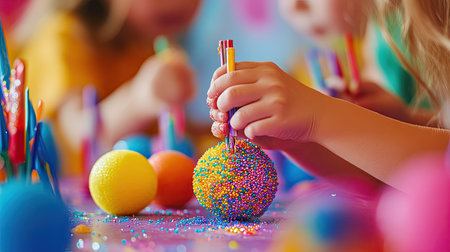 Children crafting with foam balls, glue, and glitter, colorful activity sceneの素材