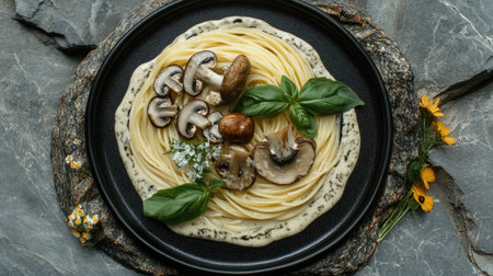 Black plate with spaghetti, creamy sauce, and mushrooms arranged artistically on a slate backgroundの素材