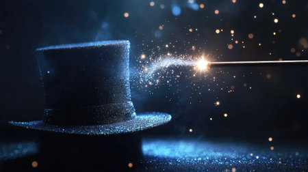 Magic wand pointing into a black top hat with glowing dust and magical particlesの素材