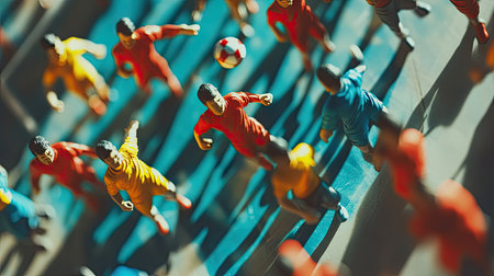 Overhead view of a compact table football toy with brightly painted players in motionの素材