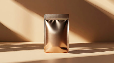 Metallic ziplock pouch in a stylized mockup scene with a trendy shadow overlayの素材