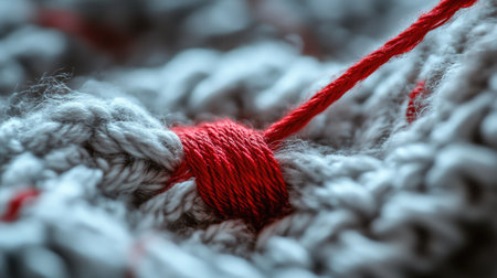 Needle threaded with bright red thread piercing through soft wool, emphasizing knitting and sewingの素材