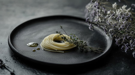 Minimalist spaghetti dish with olive oil drizzle and herbs on a black ceramic plate, moody tonesの素材