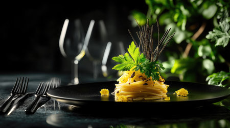 Gourmet spaghetti with truffle oil and parsley on a dark plate with artistic cutlery arrangementの素材