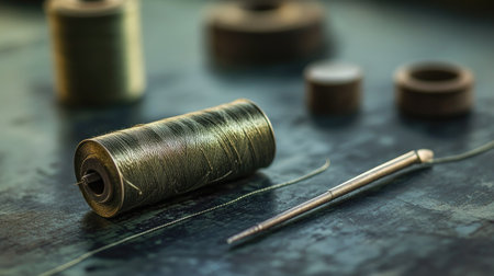 Needle and spool of metallic thread lying on a table, symbolizing sewing and craftsmanshipの素材