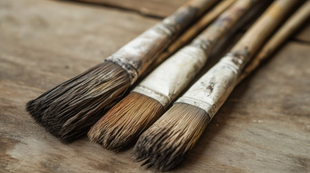 Close-up of well-used paint brushes with dried paint on bristles, lying on a rustic wooden tableの素材