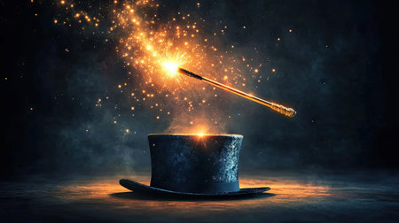 Conceptual image of a magician's wand floating above a top hat with a burst of lightの素材