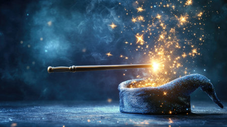 Enchanted scene with a magician's wand casting light into a hat with stars flying outの素材