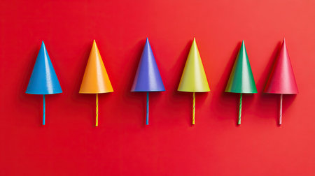 Overhead view of party hats in rainbow colors arranged in a festive layout on a red backgroundの素材