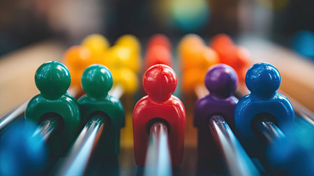 Close-up of colorful toy table football players lined up on metal rods, ready for playの素材