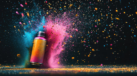 Colorful paint particles bursting from a spray can, frozen mid-air against a black backdropの素材
