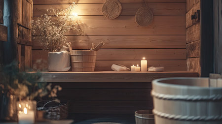 Scandinavian-style luxury sauna with pine interior, wooden sauna accessories, and calm lightingの素材