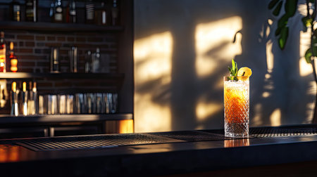 Modern bar counter with a signature cocktail in a tall glass, dramatic shadows and reflectionsの素材