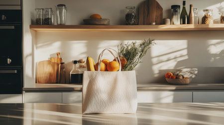Simple off-white canvas bag with sustainable groceries, sitting on a modern kitchen counterの素材