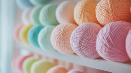 Soft focus of pastel yarn balls arranged in a rainbow gradient on a knitting shelfの素材