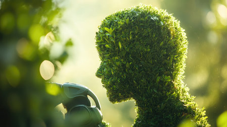 Person carefully sculpting a decorative hedge into a rounded shape with an electric trimmerの素材