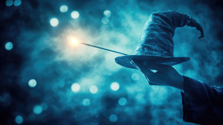 Silhouette of magician's hand holding a wand over a glowing hat under moonlightの素材