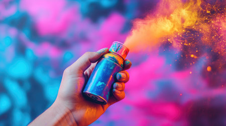 Hand holding a spray can, spraying vivid neon paint in slow motion with colorful cloud trailsの素材
